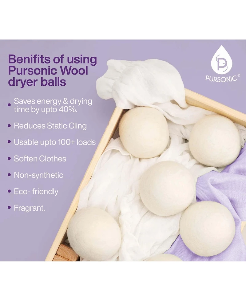 Pursonic Wool Dryer Balls Bundle - Reusable Laundry Balls Made from Pure New Zealand Wool - Includes Lavender & Peppermint Oils.