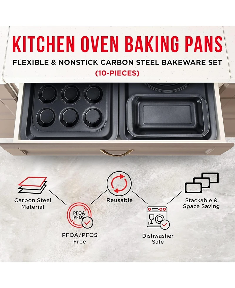 Baking Set – 10 Piece – Deluxe Non Stick Black Coating Inside and Outside – Carbon Steel Bakeware Set – Pfoa Pfos and Ptfe