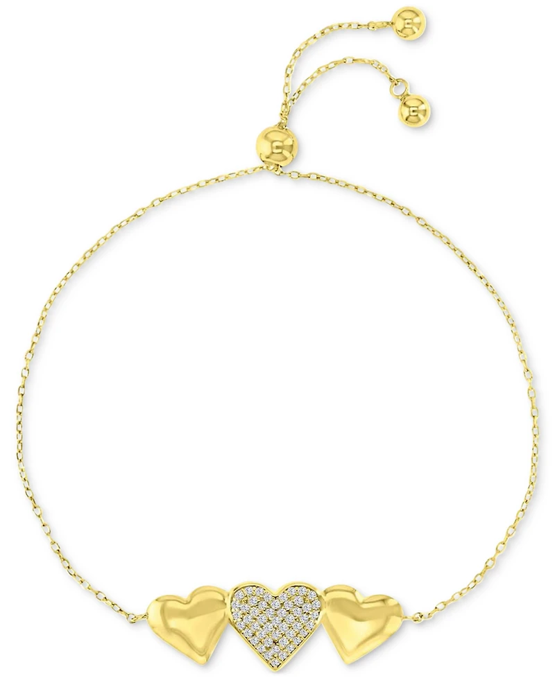 Cubic Zirconia Pave & Polished Triple Heart Chain Link Bolo Bracelet