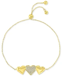 Cubic Zirconia Pave & Polished Triple Heart Chain Link Bolo Bracelet