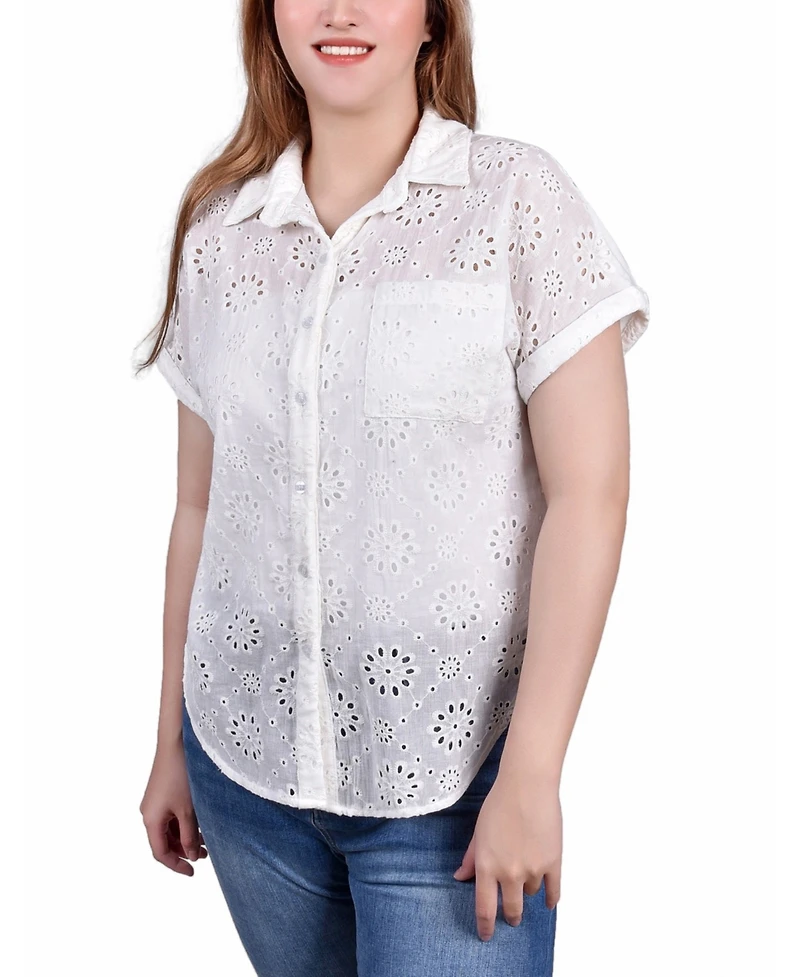 Ny Collection Petite Short Sleeve Eyelet Knit Back Blouse