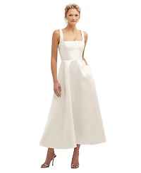 Square Neck Satin Midi Dress with Full Skirt & Pockets