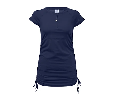 Ladies Navy Ruched Ss Swim Dress