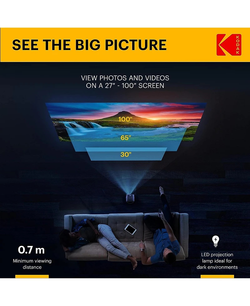 Kodak Flik X2 100” Mini Projector, Portable Pico Projector - Black