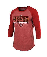 Men's Majestic Threads Scarlet San Francisco 49ers 2023 Nfc Champions Tri-Blend Raglan 3/4-Sleeve T-shirt