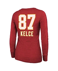 Women's Majestic Threads Travis Kelce Red Kansas City Chiefs Super Bowl Lviii Scoop Name and Number Tri-Blend Long Sleeve T-shirt