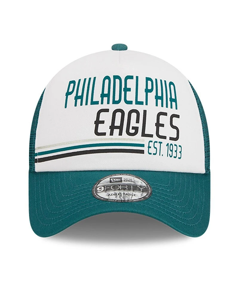 Men's New Era White, Midnight Green Philadelphia Eagles Stacked A-Frame Trucker 9FORTY Adjustable Hat