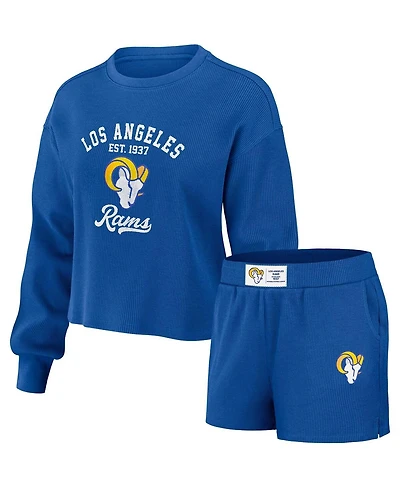 Women's Wear by Erin Andrews Royal Distressed Los Angeles Rams Waffle Knit Long Sleeve T-shirt and Shorts Lounge Set