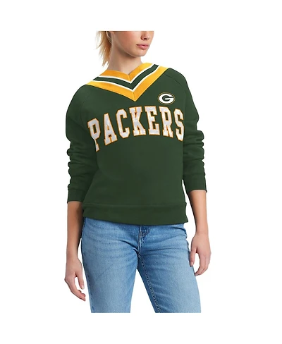 Women's Tommy Hilfiger Green Green Bay Packers Heidi Raglan V-Neck Sweater