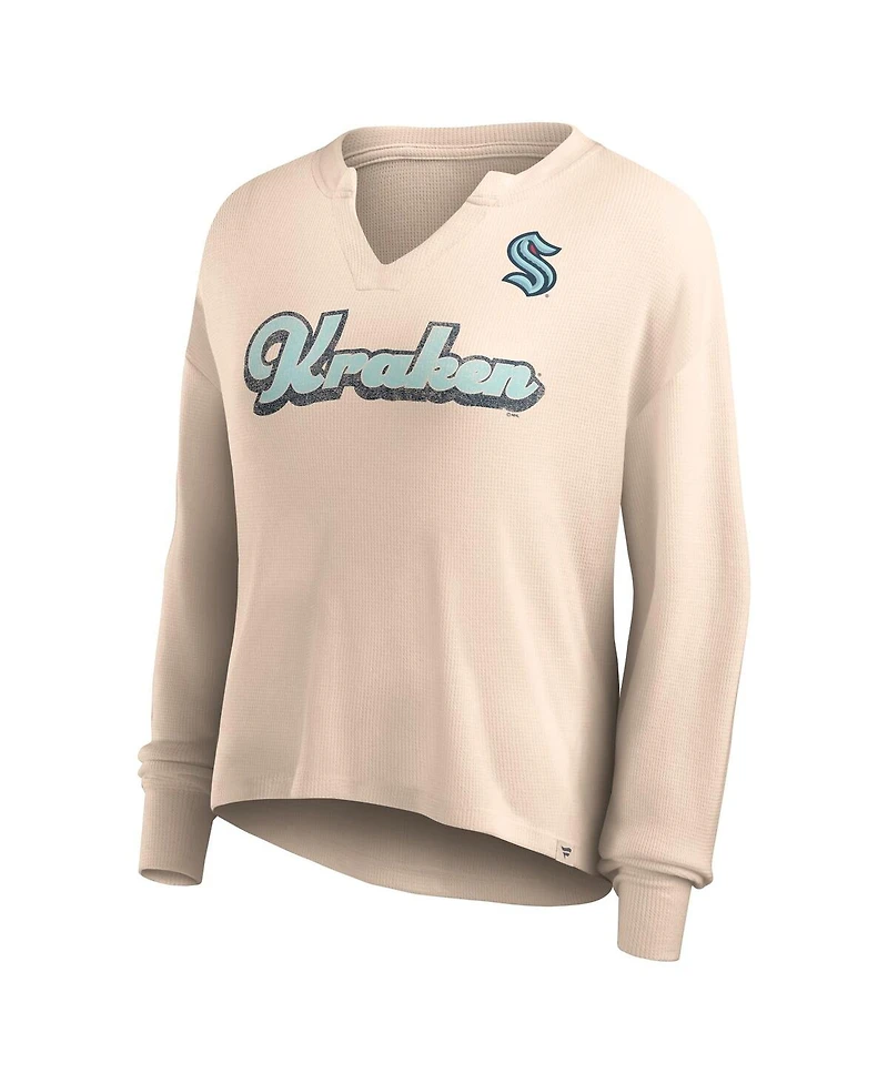 Women's Fanatics Oatmeal Distressed Seattle Kraken Go For It Notch Neck Waffle Knit Long Sleeve T-shirt