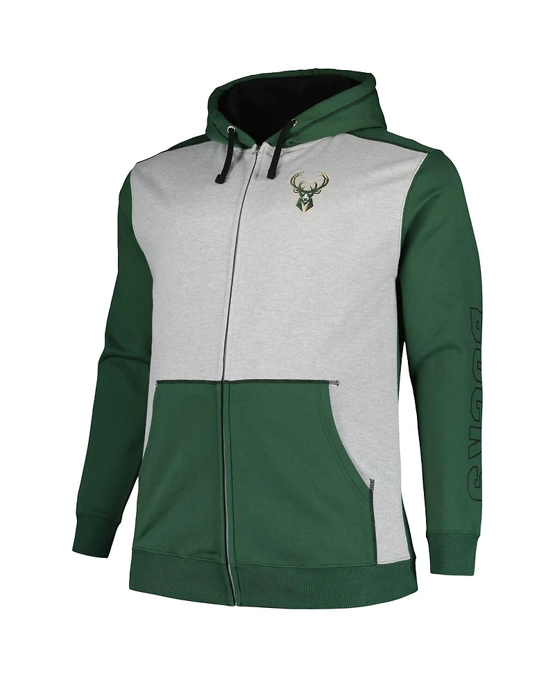 Men's Fanatics Hunter Green, Heather Gray Milwaukee Bucks Big and Tall Contrast Pieced Stitched Full-Zip Hoodie