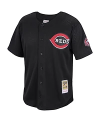 Men's Mitchell & Ness Barry Larkin Black Cincinnati Reds Cooperstown Collection Mesh Batting Practice Button-Up Jersey
