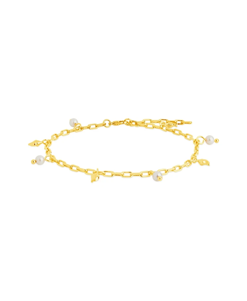Sterling Forever Silver-Tone or Gold-Tone Shell and Cultured Pearl Dangle Charm Beverly Anklet