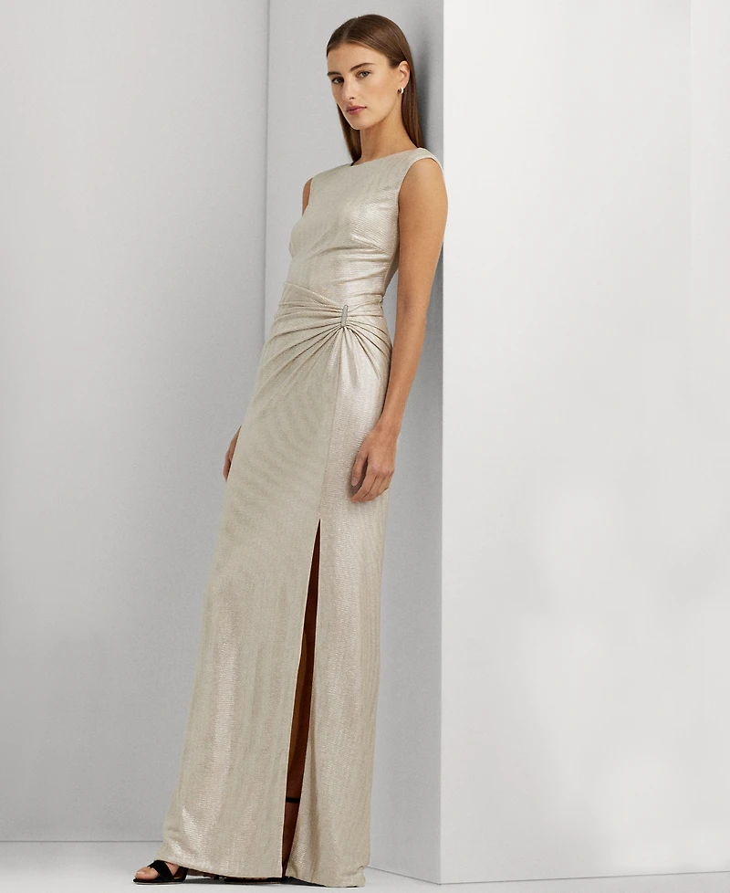 Lauren Ralph Metallic Sleeveless Side-Slit Gown