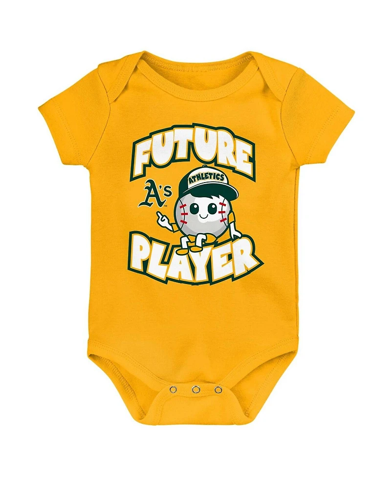 Baby Boys and Girls Gold, Green, White Oakland Athletics Minor League Player Three-Pack Bodysuit Set