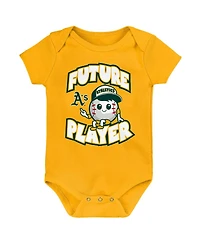 Baby Boys and Girls Gold, Green, White Oakland Athletics Minor League Player Three-Pack Bodysuit Set