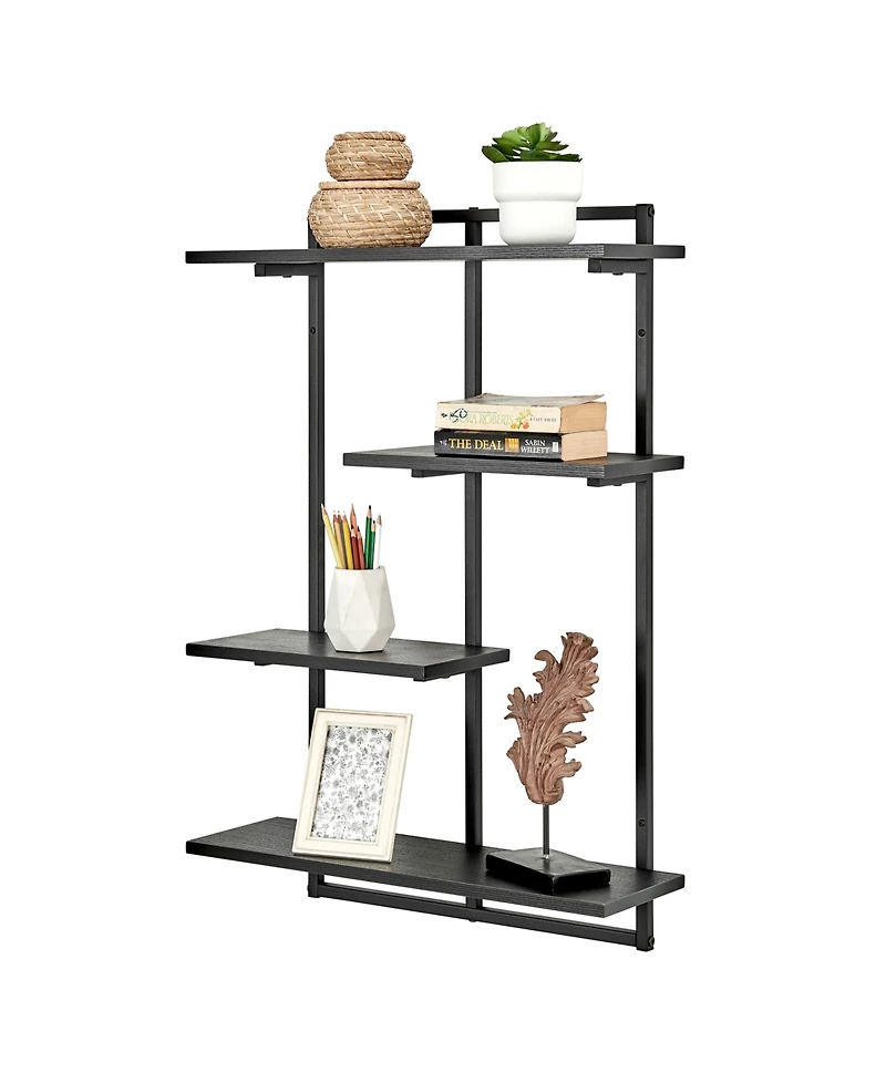 Rhodes 4 Tier Modern Floating Windowsill Wall Shelf Unit with Black Metal Frame and Black Mdf Shelves
