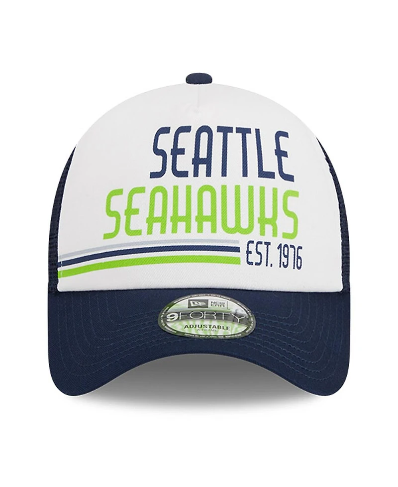 Men's New Era White, College Navy Seattle Seahawks Stacked A-Frame Trucker 9FORTY Adjustable Hat