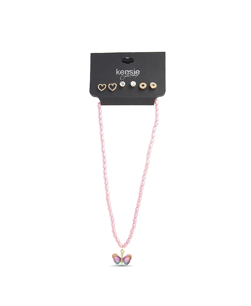 kensie 3 Piece Mixed Earring Set with Pearl Butterfly Pendant Necklace
