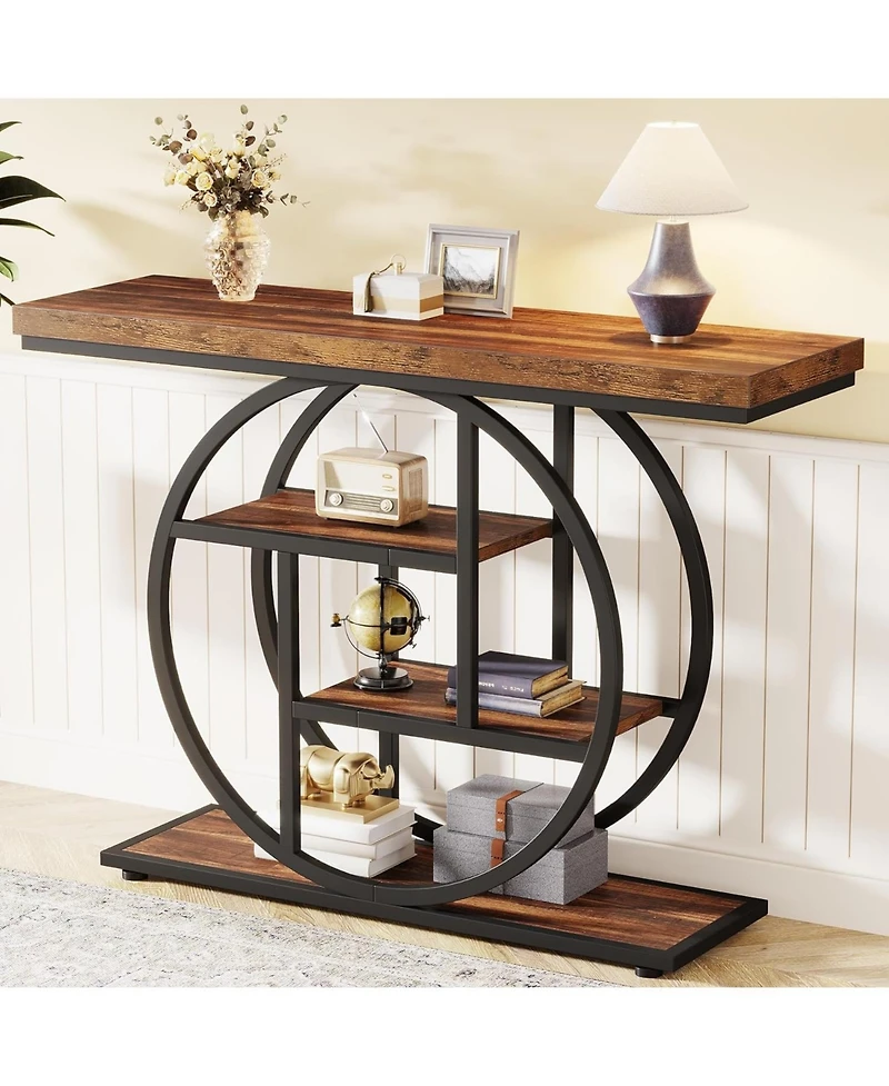 Tribesigns 41.3" Console Table, Industrial 4-Tier Sofa Table Entryway Table with Circle Base, Narrow Wood Accent Tables with Storage Shelves for Livin