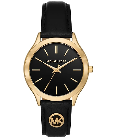Michael Kors Women's Slim Runway Three-Hand Black Leather Watch 38mm