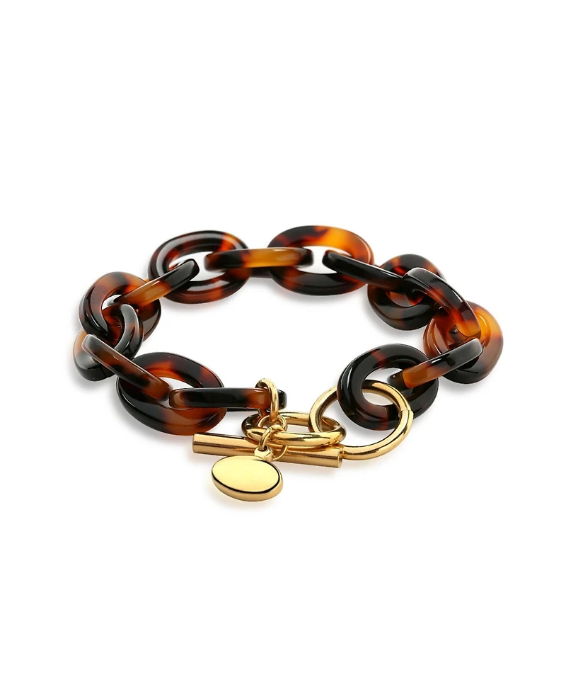 Bling Jewelry Fashion Statement Brown Golden Acrylic Leopard Tortoise Shell Oval Chain Link Bracelet Yellow Gold Plated Stainless Steel Adjustable Tog