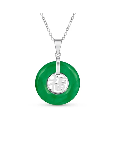 Bling Jewelry Circle Disc Round Donut Good Fortune Fu Character Chinese Symbol Dyed Green Natural Jade Disc Pendant Necklace For Women Sterling Silver