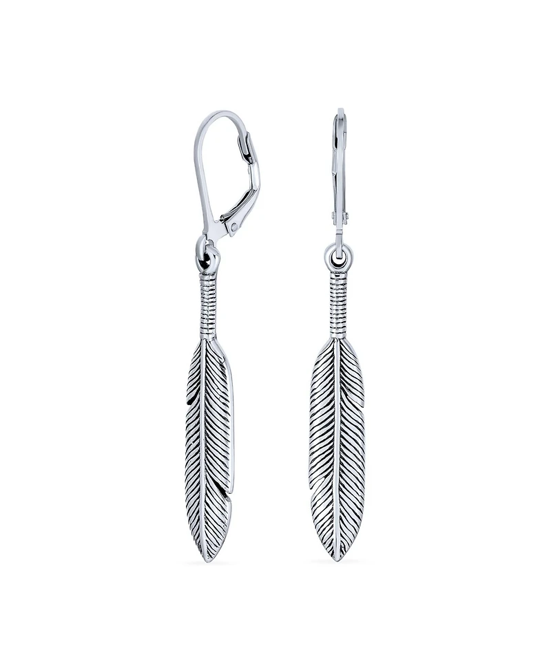 Bling Jewelry Leaf Feather Oxidized Two Tone Lever back Dangle Earrings Oxidized Sterling Silver