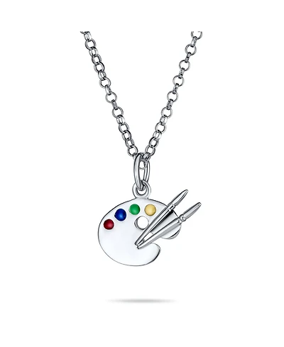 Bling Jewelry Painter Drawing Multi Color Enamel Future Artist Palette Art Paint Brush Pendant Necklace For Women Art Teacher Women Sterling Silver