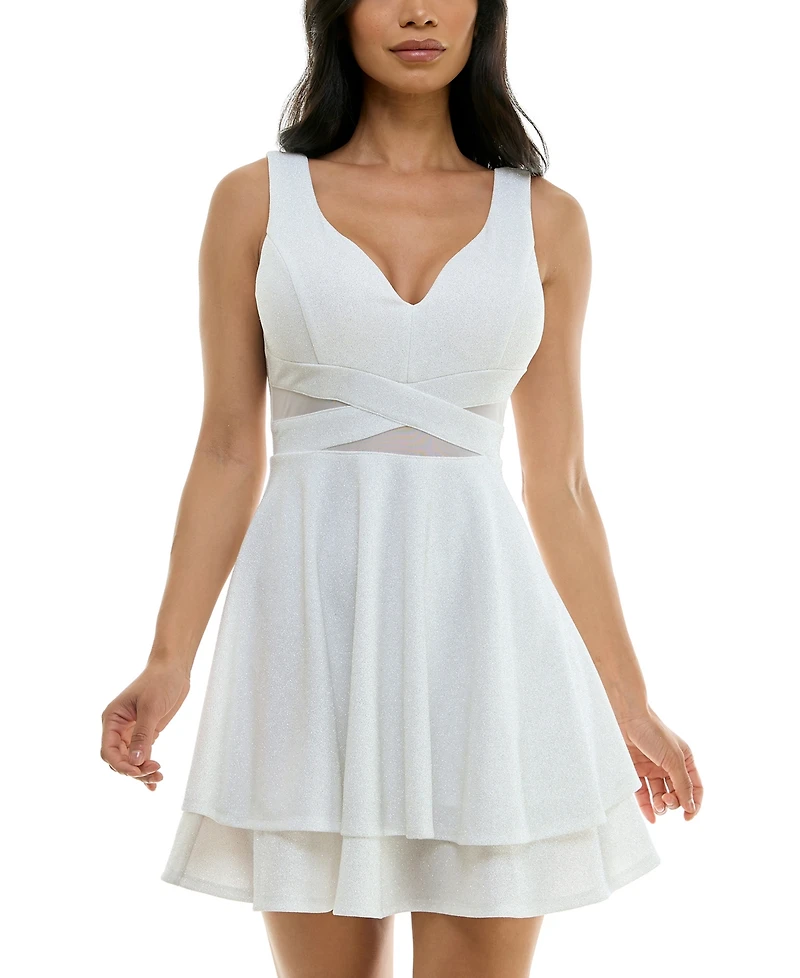 Emerald Sundae Juniors' Illusion-Waist Glitter A-Line Dress