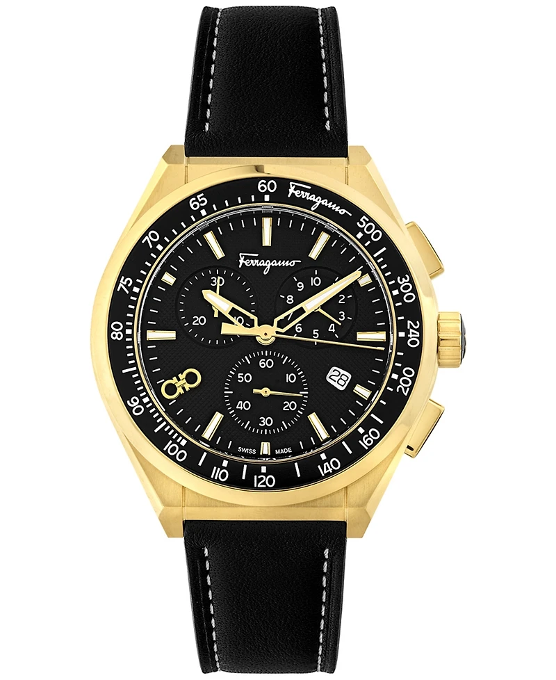 Salvatore Ferragamo Men's Swiss Chronograph Black Leather Strap Watch 43mm