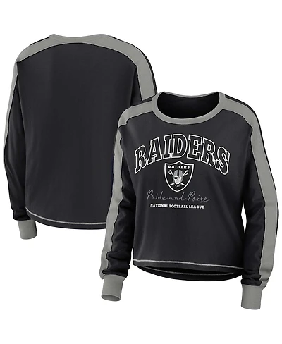 Women's Wear by Erin Andrews Black, Silver Las Vegas Raiders Color Block Modest Crop Long Sleeve T-shirt