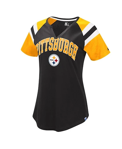 Women's Starter Black, Gold Pittsburgh Steelers Game On Notch Neck Raglan T-shirt