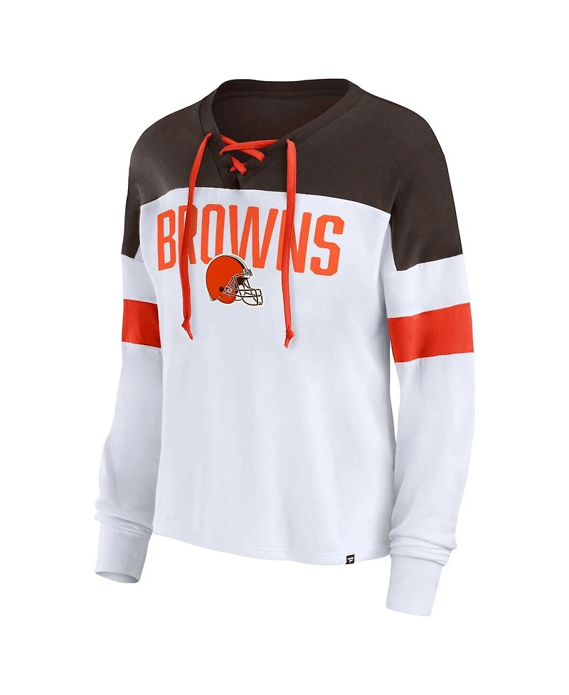 Women's Fanatics White, Brown Cleveland Browns Plus Even Match Lace-Up Long Sleeve V-Neck Top