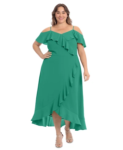 London Times Plus Size Ruffled Cold-Shoulder Maxi Dress