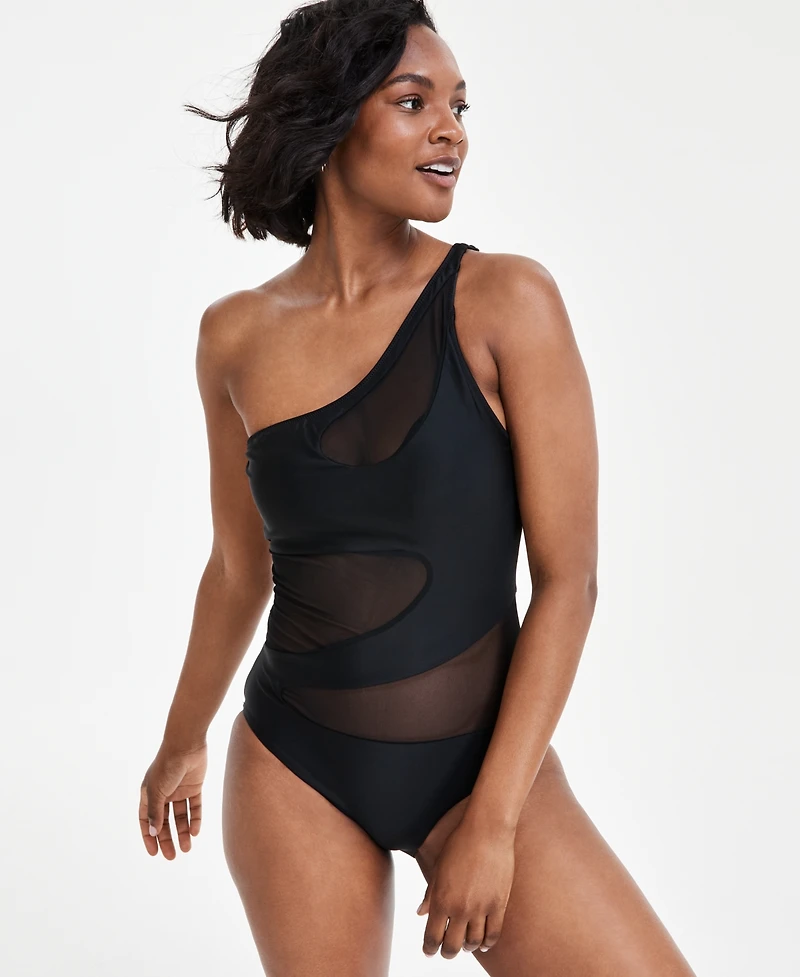 Bar Iii Women's One-Shoulder Mesh Cutout Swimsuit, Created for Macy's