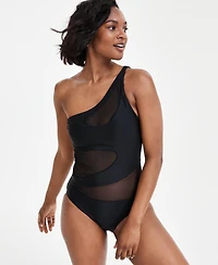 Bar Iii Women's One-Shoulder Mesh Cutout Swimsuit, Created for Macy's