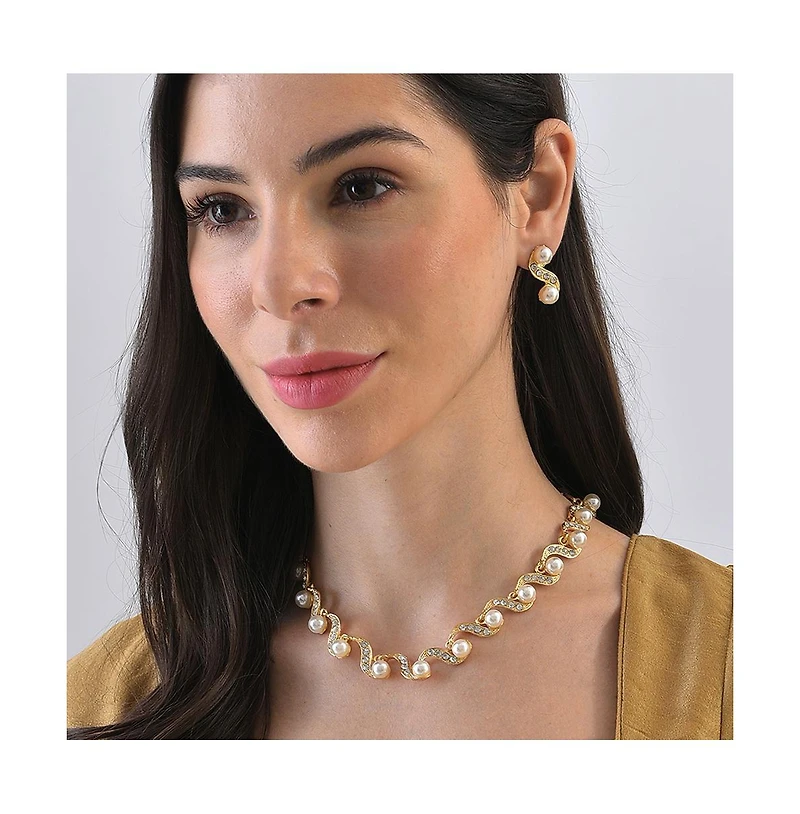 Sohi Women's Gold Pearl Swirl Necklace And Earrings (7-8 mm) (Set Of 2)