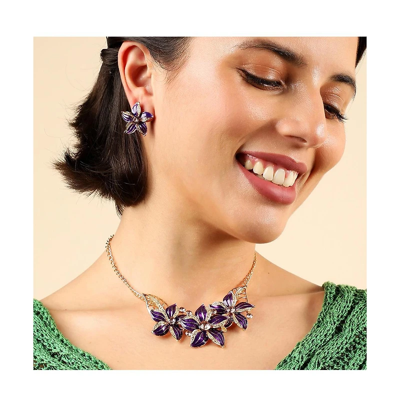 Sohi Women's Purple Enamel Flower Necklace And Earrings (Set Of 2)