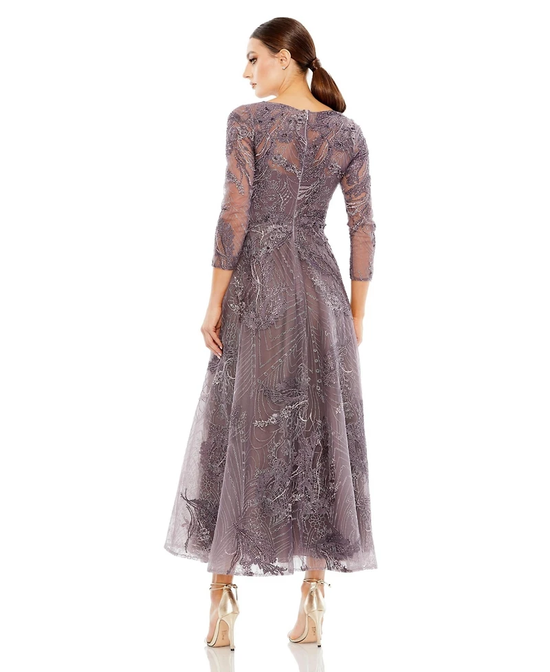 Mac Duggal Women's Embellished Wrap Over 3/4 Sleeve Dress