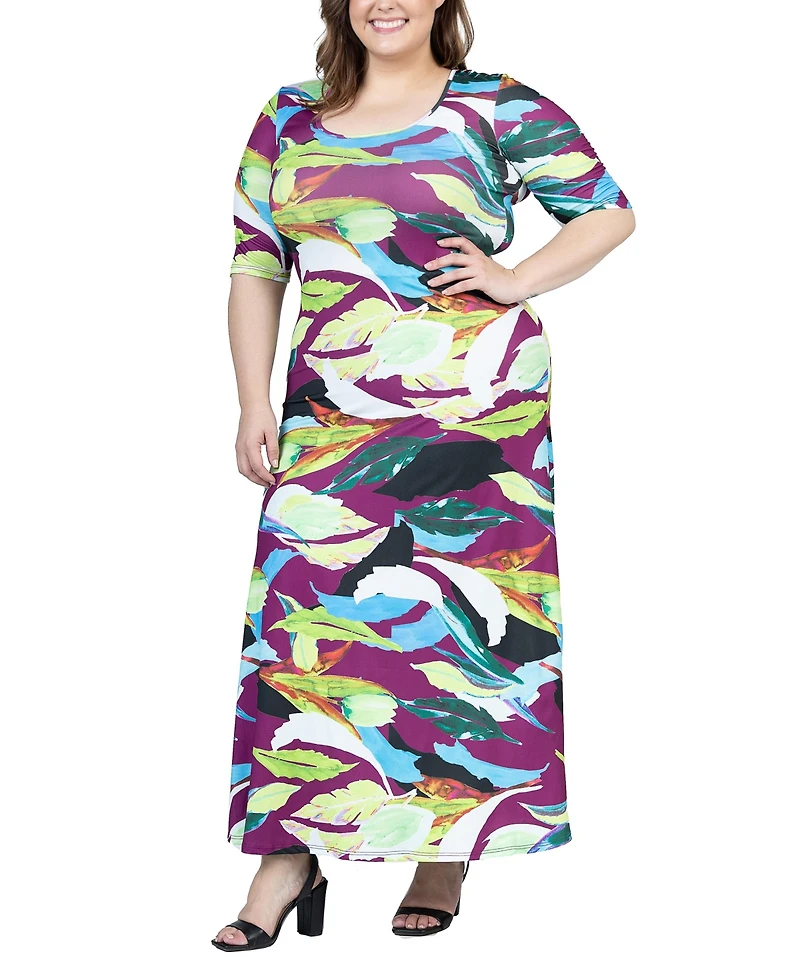 24seven Comfort Apparel Plus Size Elbow Sleeve Casual A Line Maxi Dress