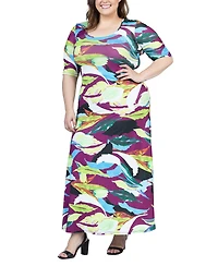 24seven Comfort Apparel Plus Size Elbow Sleeve Casual A Line Maxi Dress
