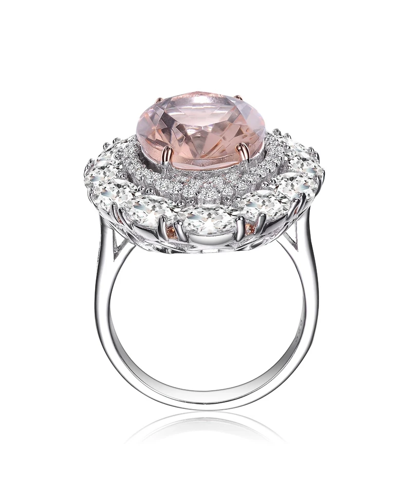 Sterling Silver with White Gold Plated Pink Oval Clear Round Cubic Zirconia Halo Ring