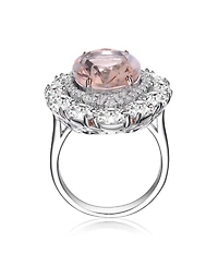 Sterling Silver with White Gold Plated Pink Oval Clear Round Cubic Zirconia Halo Ring