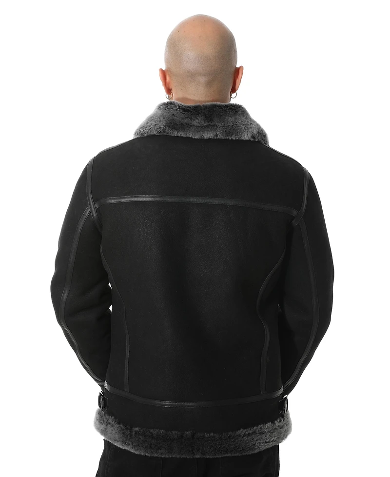 Furniq Uk Men's Shearling Biker Jacket, Vintage Like Camel with Beige Curly Wool