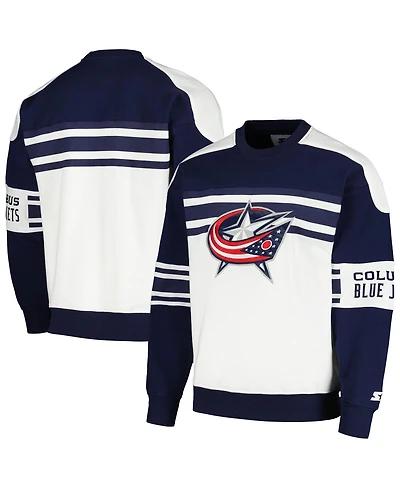 Men's Starter White Columbus Blue Jackets Defense Fleece Crewneck Pullover Sweatshirt