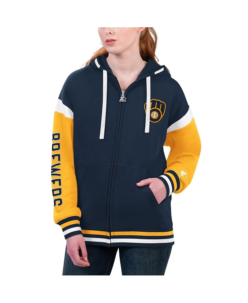 Women's Starter Navy Milwaukee Brewers Homestretch Full-Zip Hoodie