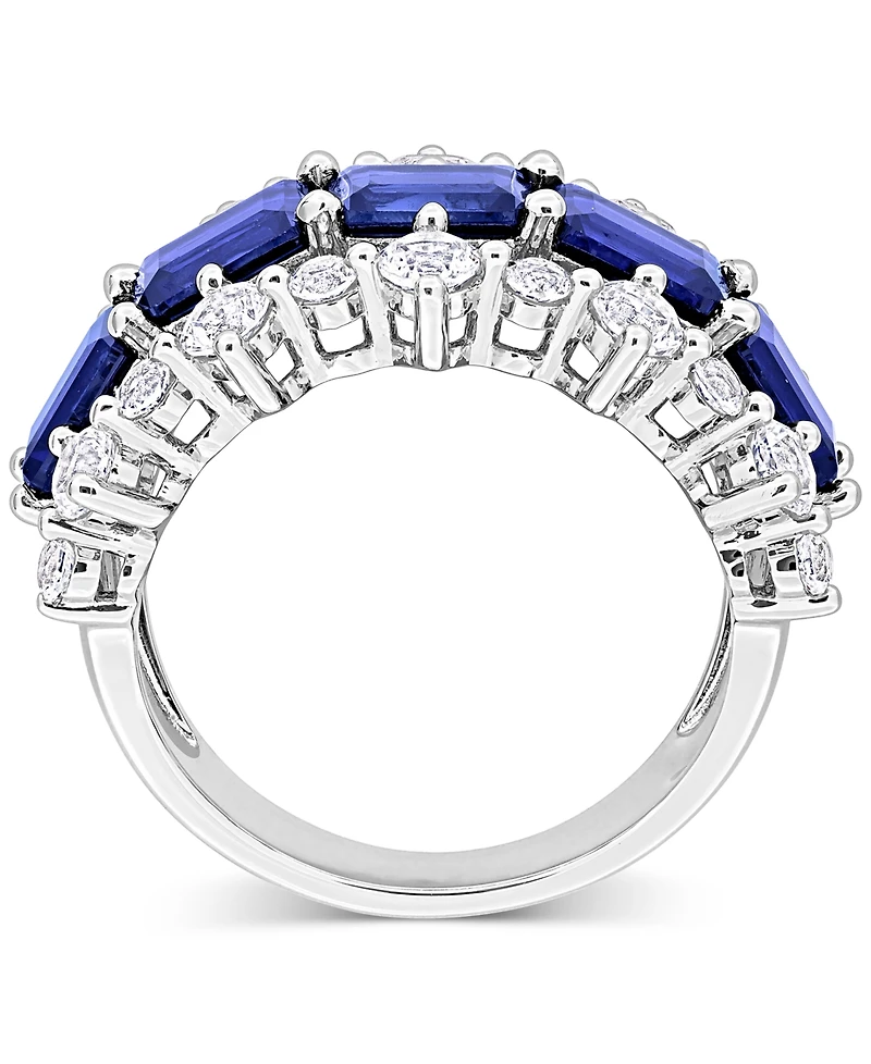 Lab-Grown Blue Sapphire (4-5/8 ct. t.w.) & White (2-1/10 Three Row Ring Sterling Silver