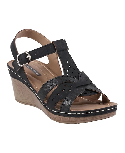 Gc Shoes Women's Darry Perforated T-Strap Slingback Wedge Sandals