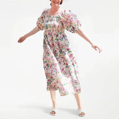 Jessie Zhao New York Violet Garden Smocked Cotton Silk Dress